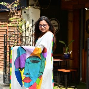 Abstract Face Hand-Painted Saree – “Expressions in Color”
