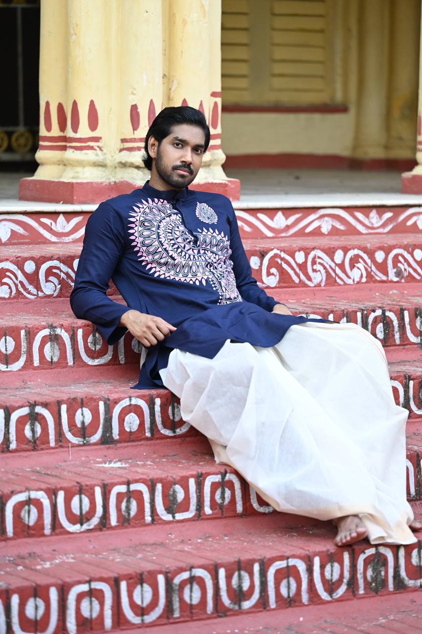 Navy Folk — Hand-Painted Heritage Kurta - Image 2