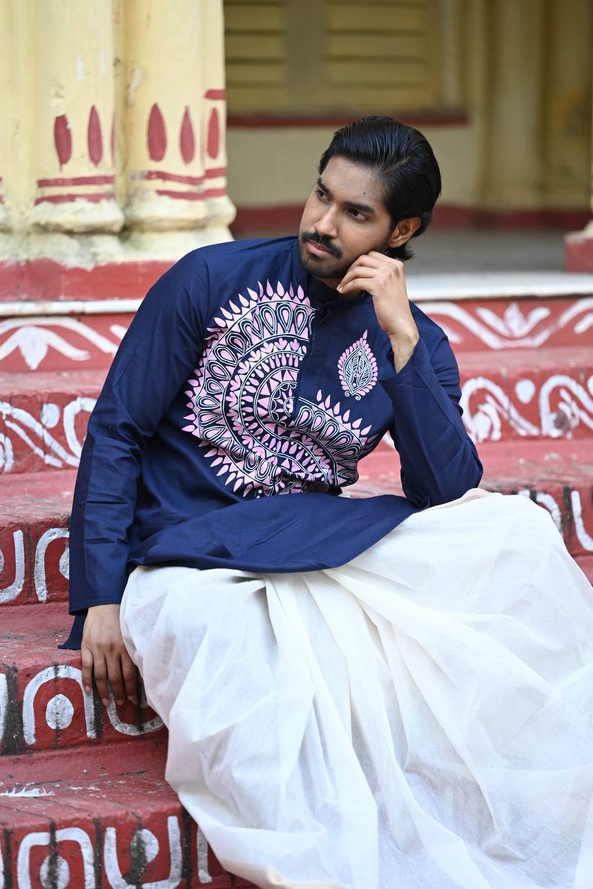 Navy Folk — Hand-Painted Heritage Kurta - Image 3