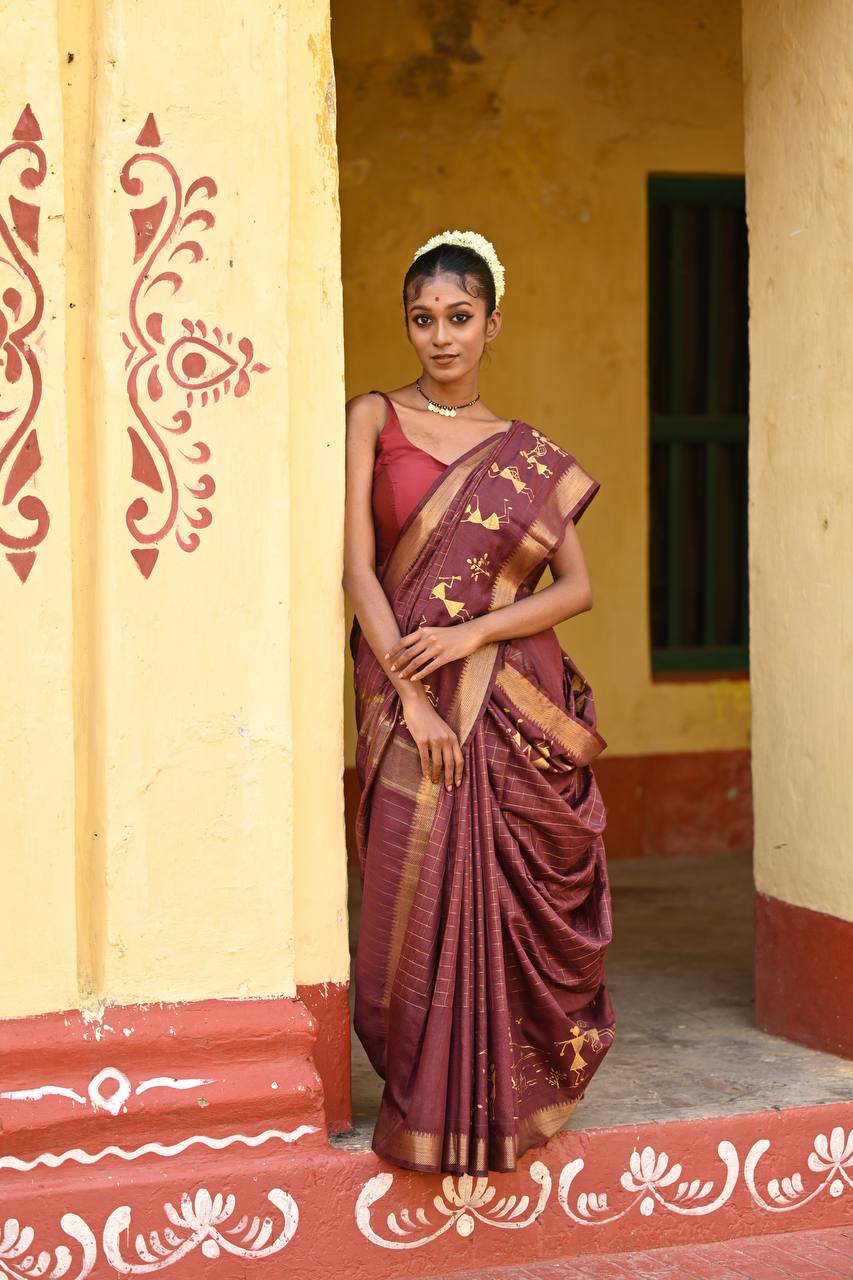 Hand-Painted Mangalgiri Silk Saree – Maroon Muse - Image 3