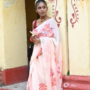 Hand-Painted Mul Cotton Saree – Blush Bloom