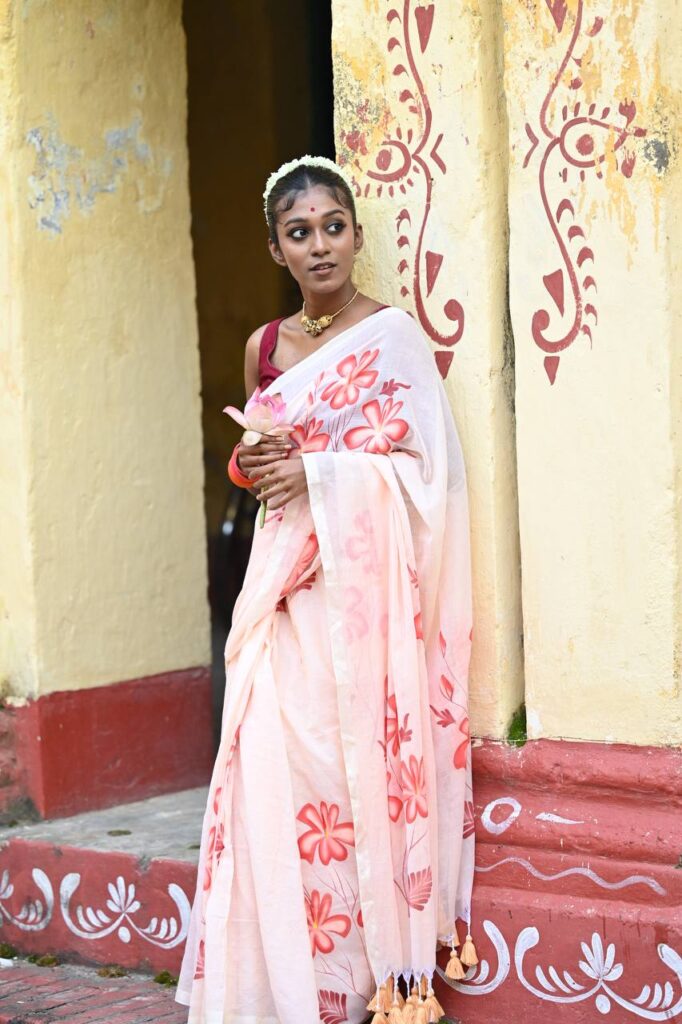 Hand-Painted Mul Cotton Saree – Blush Bloom