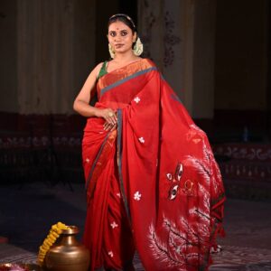 Hand-Painted Red Cotton Saree – Shubho