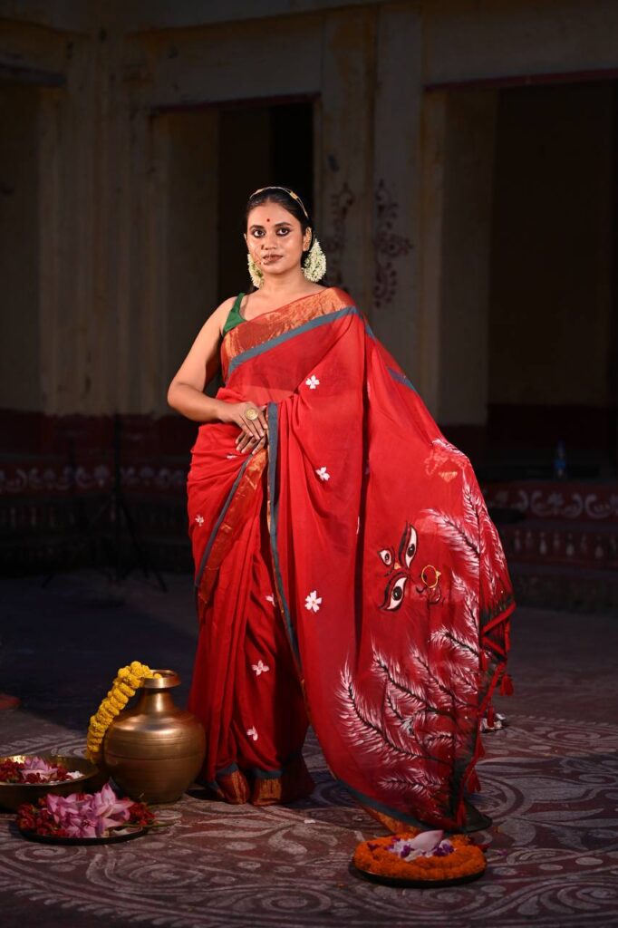 Hand-Painted Red Cotton Saree – Shubho
