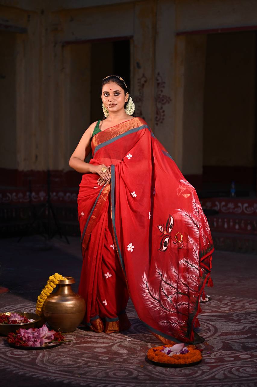 Hand-Painted Red Cotton Saree – Shubho - Image 5